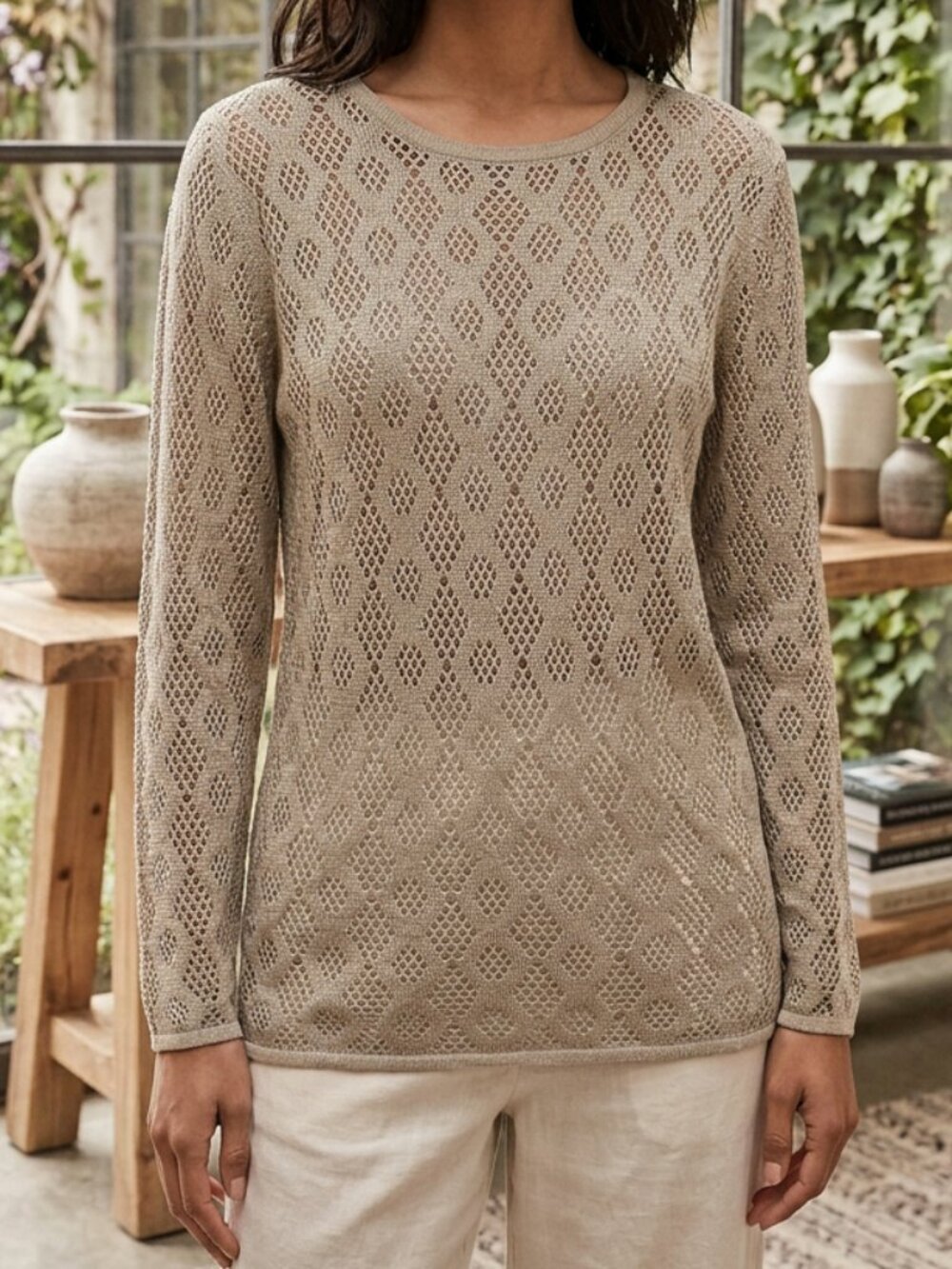 Block Island Tan Crochet Sweater